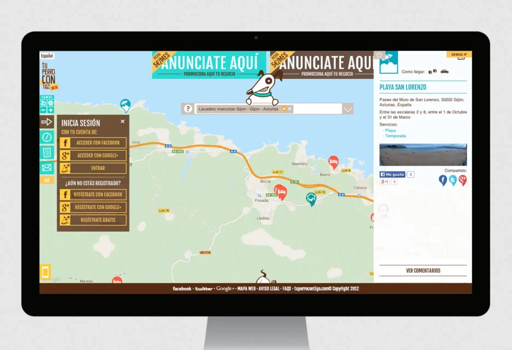 Pantalla del Mapa de la Web con opciones Tu perro contigo