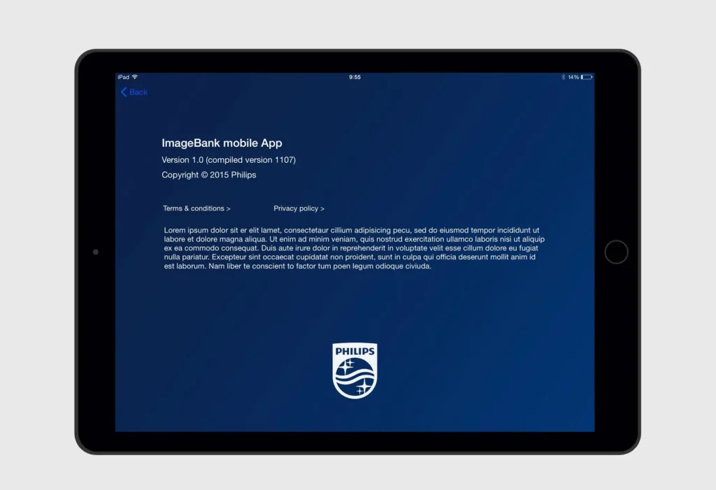 Imagen de la pantalla de los créditos finales de la aplicación del Banco de Imágenes Phillips